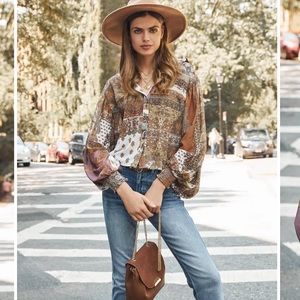 DIDO PATCHWORK BUTTON DOWN BALLOON SLEEVE BLOUSE